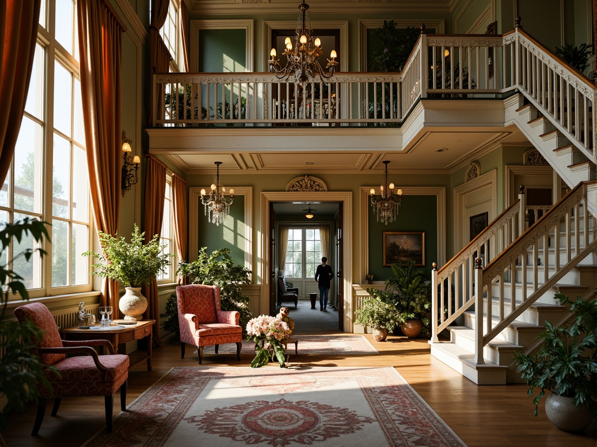 Prompt: Whimsical Victorian-era mansion, intricately carved wooden doors, ornate ironwork balconies, delicate filigree patterns, soft pastel color palette, lush greenery, blooming flowers, grand staircase, crystal chandeliers, plush velvet drapes, antique furnishings, distressed finishes, warm golden lighting, shallow depth of field, 1/1 composition, intimate atmosphere, romantic ambiance.