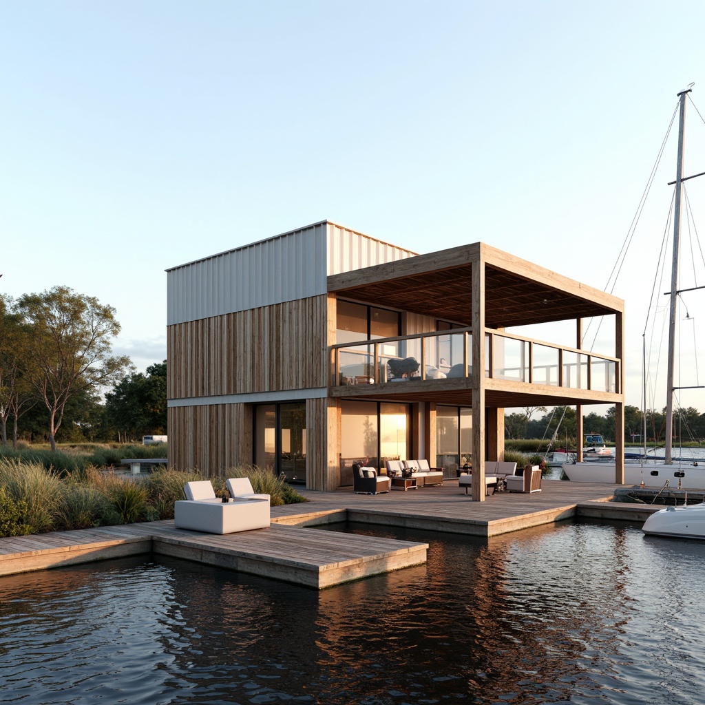 Prompt: Waterfront location, wooden dock, sailboats, modern boathouse, international style facade, large windows, sliding glass doors, minimalist design, neutral color palette, natural wood accents, corrugated metal roofing, cantilevered upper floor, outdoor seating area, nautical-themed decor, soft warm lighting, shallow depth of field, 1/1 composition, realistic textures, ambient occlusion.