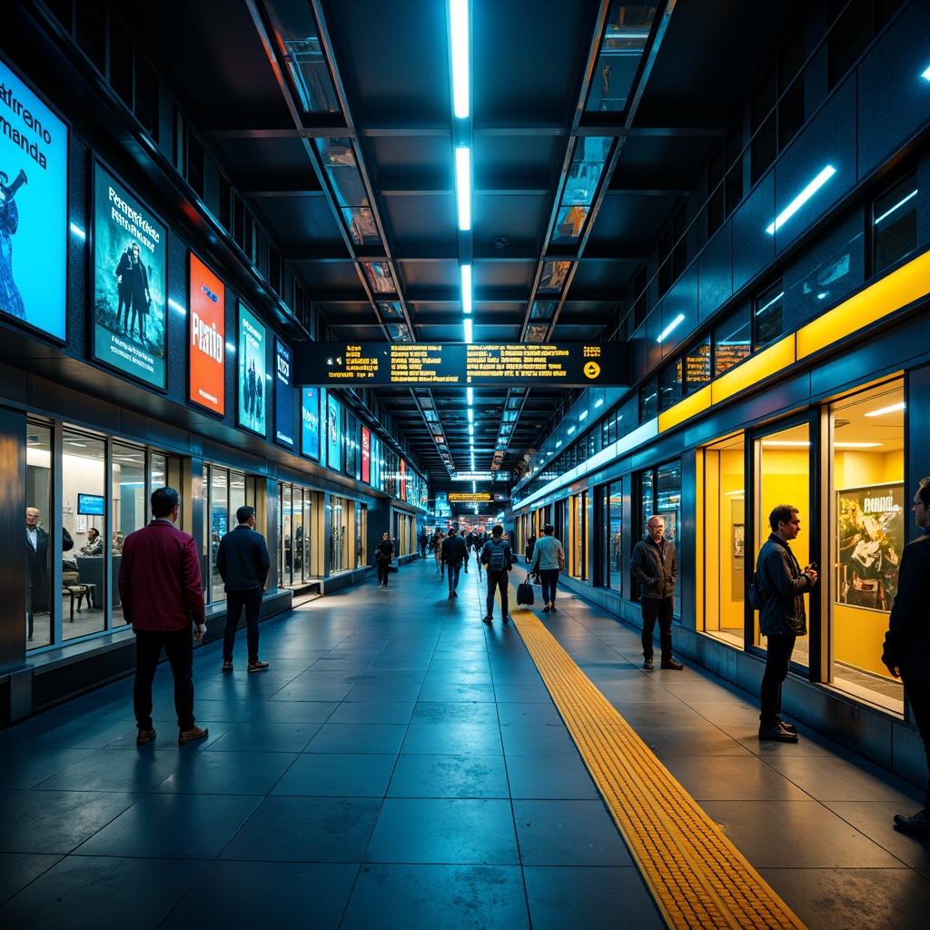 Prompt: Vibrant metro station, modern architecture, sleek lines, metallic surfaces, bright LED lighting, urban cityscape, bustling atmosphere, rush hour crowds, dynamic color scheme, bold typography, wayfinding signage, navigation systems, futuristic ambiance, neon accents, dark blues, electric yellows, deep oranges, warm whites, high-contrast colors, 3D visual effects, atmospheric fog, shallow depth of field, cinematic composition, realistic textures, ambient occlusion.