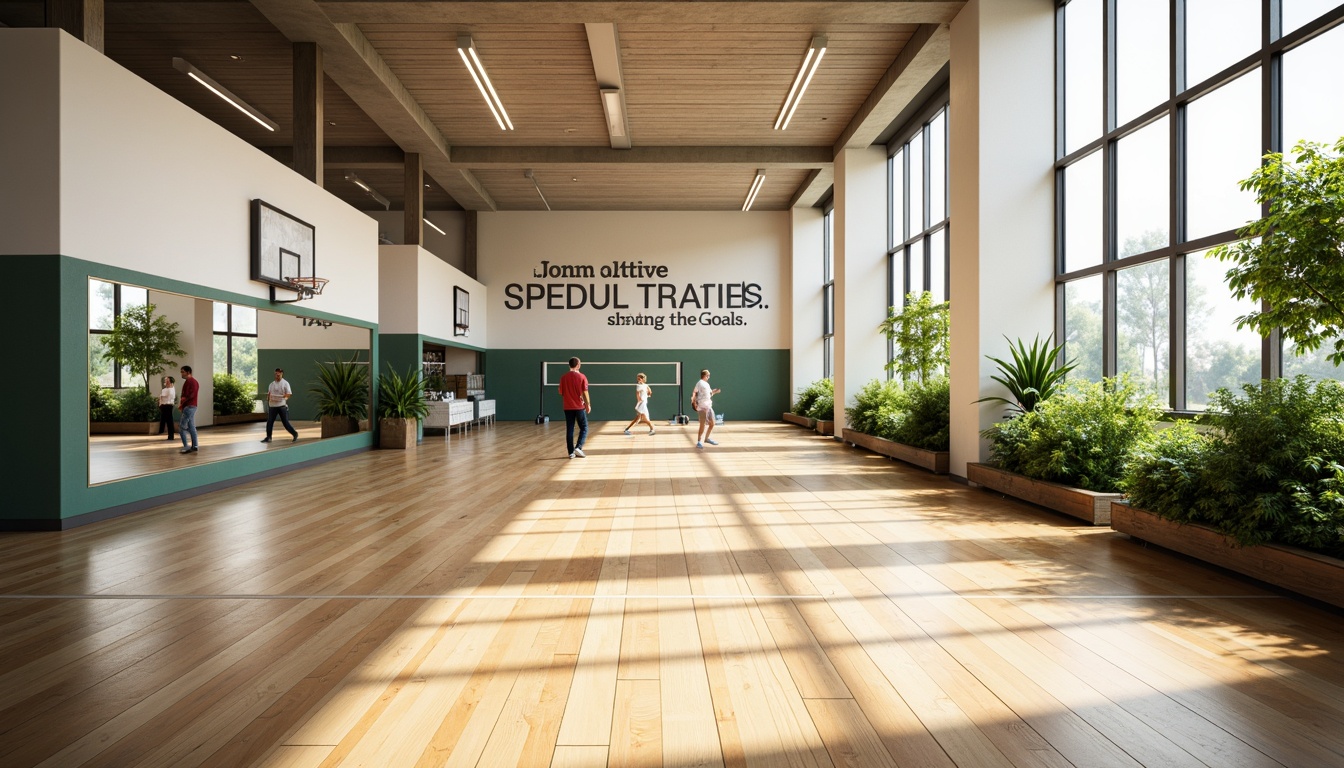 Prompt: Bright gymnasium interior, high ceilings, large windows, natural light pouring in, wooden flooring, athletic equipment, basketball hoops, volleyball nets, exercise machines, mirrored walls, motivational quotes, modern architecture, minimalist design, sleek lines, abundant greenery, lush plants, warm color tones, soft shadows, shallow depth of field, 1/1 composition, realistic textures, ambient occlusion.