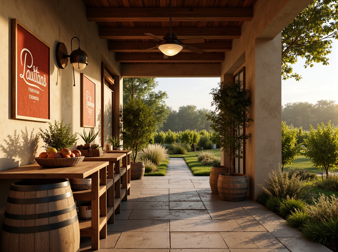 Prompt: Rustic winery, earthy tones, warm beige walls, rich wood accents, vintage metal decor, lush green vineyards, sunny afternoon, soft golden lighting, shallow depth of field, 1/1 composition, realistic textures, ambient occlusion, natural stone pathways, wooden barrels, wine cellar atmosphere, elegant typography, sophisticated branding, earthy reds, muted greens, weathered wood, distressed finishes.