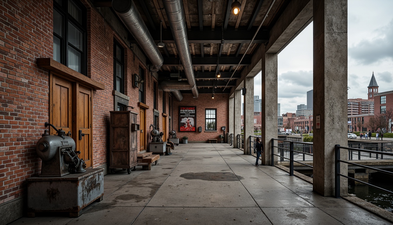 Prompt: Rustic industrial factory, exposed brick walls, metallic beams, reclaimed wood accents, distressed concrete floors, vintage machinery, urban landscape, cloudy grey sky, warm soft lighting, shallow depth of field, 1/1 composition, realistic textures, ambient occlusion, worn-out signage, faded advertisements, old-fashioned lamp posts, nostalgic atmosphere, retro-style industrial equipment, functional pipes, modernized heritage architecture, revitalized waterfront area.