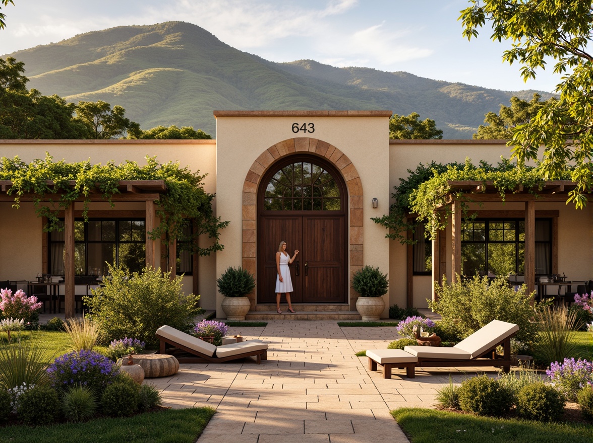 Prompt: Rustic winery facade, Mediterranean-inspired architecture, earthy tones, stone walls, wooden accents, curved lines, ornate metalwork, vine-covered trellises, lush greenery, rolling hills, sunny afternoon, warm golden lighting, shallow depth of field, 2/3 composition, symmetrical balance, realistic textures, ambient occlusion.