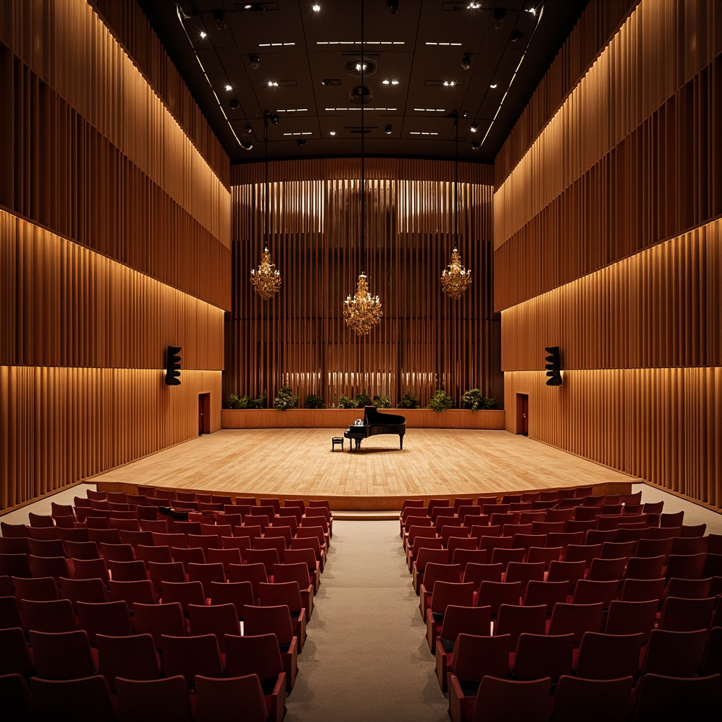 Prompt: Intimate concert hall, wooden acoustic panels, sound-absorbing materials, curved lines, minimalist decor, warm ambient lighting, shallow stage, grand piano, professional audio equipment, high ceilings, ornate chandeliers, plush red seats, velvet curtains, dramatic spotlights, 1/1 composition, soft focus, realistic textures, subtle reflections.