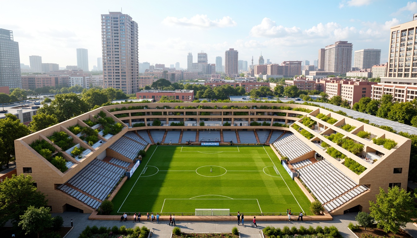 Prompt: Eco-friendly soccer stadium, social housing complex, green roofs, solar panels, wind turbines, rainwater harvesting systems, recycled building materials, natural ventilation systems, energy-efficient lighting, community gardens, public art installations, vibrant street art, urban agriculture, mixed-income residential units, accessible pedestrian paths, bike lanes, electric vehicle charging stations, modern minimalist architecture, cantilevered structures, angular lines, open-air corridors, communal outdoor spaces, shaded seating areas, warm color schemes, soft natural lighting, 1/1 composition, realistic textures, ambient occlusion.