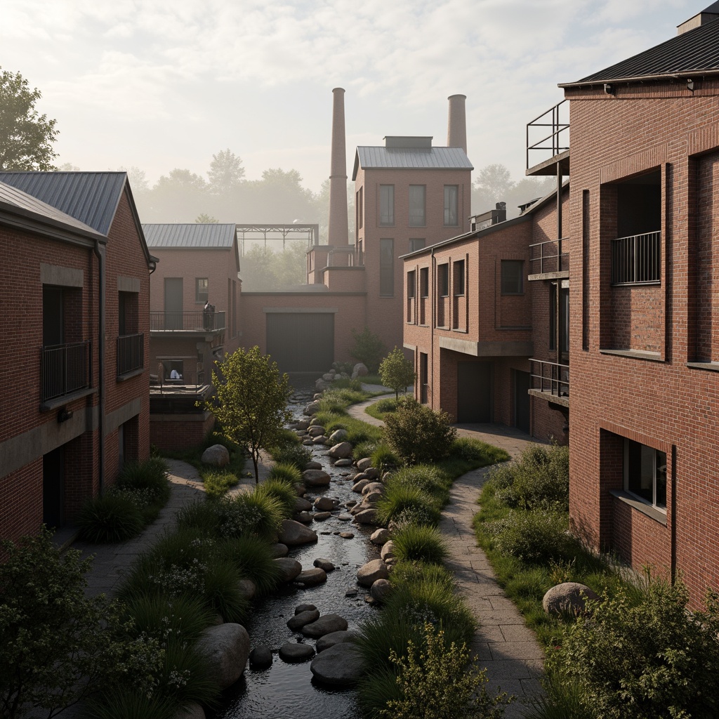 Prompt: Industrial factory complex, rustic brick buildings, corrugated metal roofs, worn concrete walls, vintage machinery, abandoned chimneys, overgrown vegetation, wildflowers, meandering streams, misty atmosphere, soft warm lighting, shallow depth of field, 3/4 composition, panoramic view, realistic textures, ambient occlusion, regionalism-inspired architecture, modern industrial design, functional spaces, exposed ductwork, metal catwalks, reclaimed wood accents, earthy color palette, natural stone pathways, weathered steel bridges.