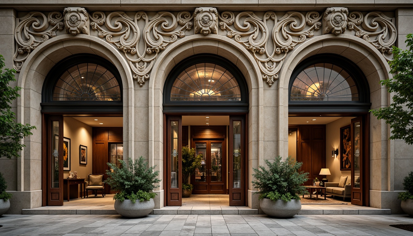 Prompt: Intricate bank facade, ornate stone carvings, flowing organic lines, curved wooden doors, stained glass windows, grand entrance hall, marble floors, polished bronze fixtures, natural stone walls, lush greenery, potted plants, warm ambient lighting, soft focus, shallow depth of field, 1/2 composition, realistic textures, ambient occlusion.