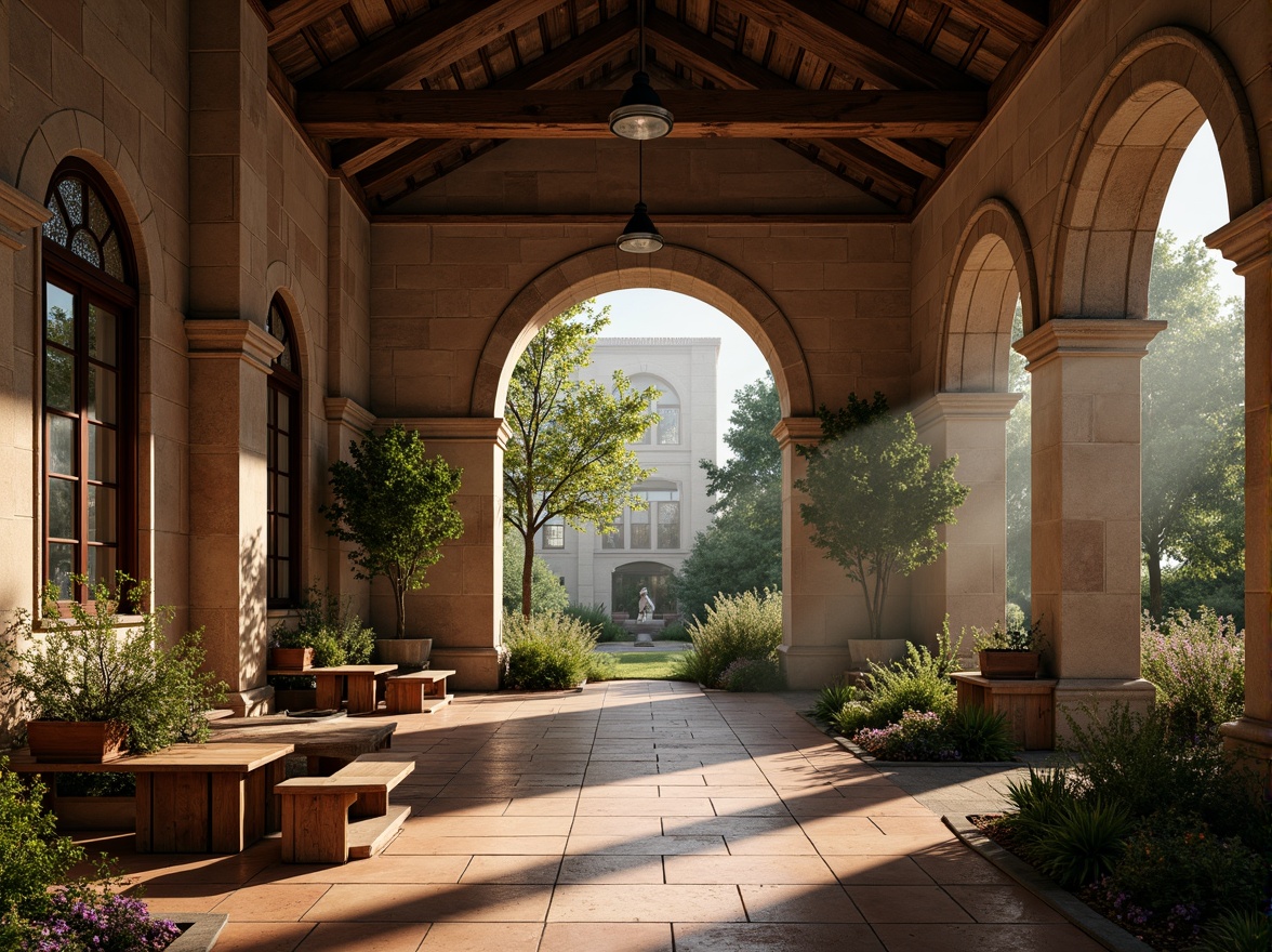 Prompt: Serene monastery courtyard, rustic stone walls, wooden accents, stained glass windows, vaulted ceilings, grand arches, ornate carvings, peaceful cloisters, natural light pouring in, warm soft illumination, subtle shadows, earthy tones, terracotta flooring, worn wooden benches, lush greenery, blooming flowers, misty morning atmosphere, gentle warm lighting, shallow depth of field, 1/1 composition, realistic textures, ambient occlusion.