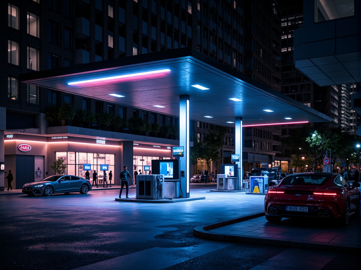 Prompt: Futuristic gas station, sleek metal canopy, neon LED lights, dynamic color-changing effects, modern minimalist architecture, angular lines, reflective glass surfaces, high-gloss finishes, stainless steel accents, futuristic fuel pumps, digital display screens, electronic payment systems, urban cityscape, night scene, dramatic shadows, high-contrast lighting, 1/1 composition, shallow depth of field, realistic textures, ambient occlusion.