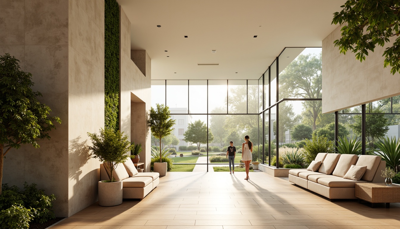 Prompt: Sleek rehabilitation center, minimalist architecture, large windows, natural light pouring in, soft warm glow, calming atmosphere, neutral color palette, wooden floors, simple furniture, greenery walls, living plants, peaceful ambiance, subtle textures, shallow depth of field, 1/1 composition, realistic rendering, ambient occlusion, gentle shadows, warm beige tones, creamy whites, soft grays, natural stone accents, organic shapes, serene outdoor spaces, lush gardens, walking paths, tranquil water features.