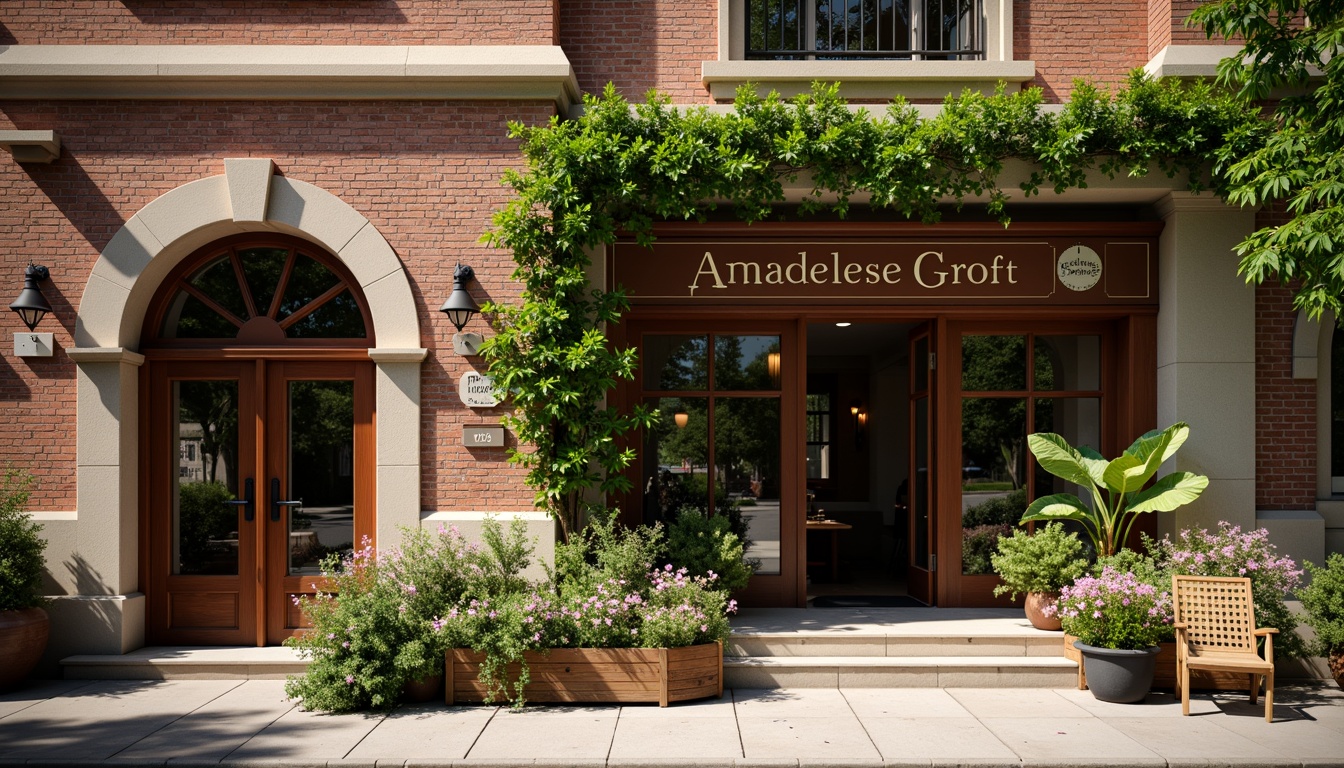 Prompt: Rustic coffee shop facade, academic architectural style, brick walls, stone columns, ornate details, wooden doors, vintage signage, cozy atmosphere, warm lighting, earthy tones, natural materials, greenery surroundings, blooming flowers, sunny day, soft focus, shallow depth of field, 1/1 composition, realistic textures, ambient occlusion.