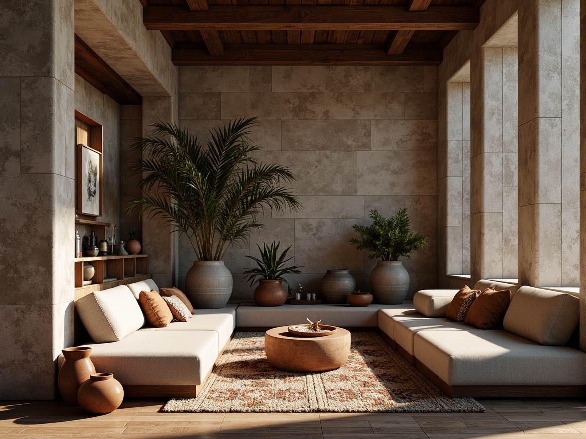 Prompt: Rough-hewn stone walls, distressed wood planks, smooth metallic surfaces, velvety soft upholstery, intricate woven textiles, natural fiber rugs, earthy terracotta pots, organic-shaped sculptures, warm ambient lighting, shallow depth of field, 1/1 composition, realistic material rendering, subtle normal mapping, detailed bump mapping.