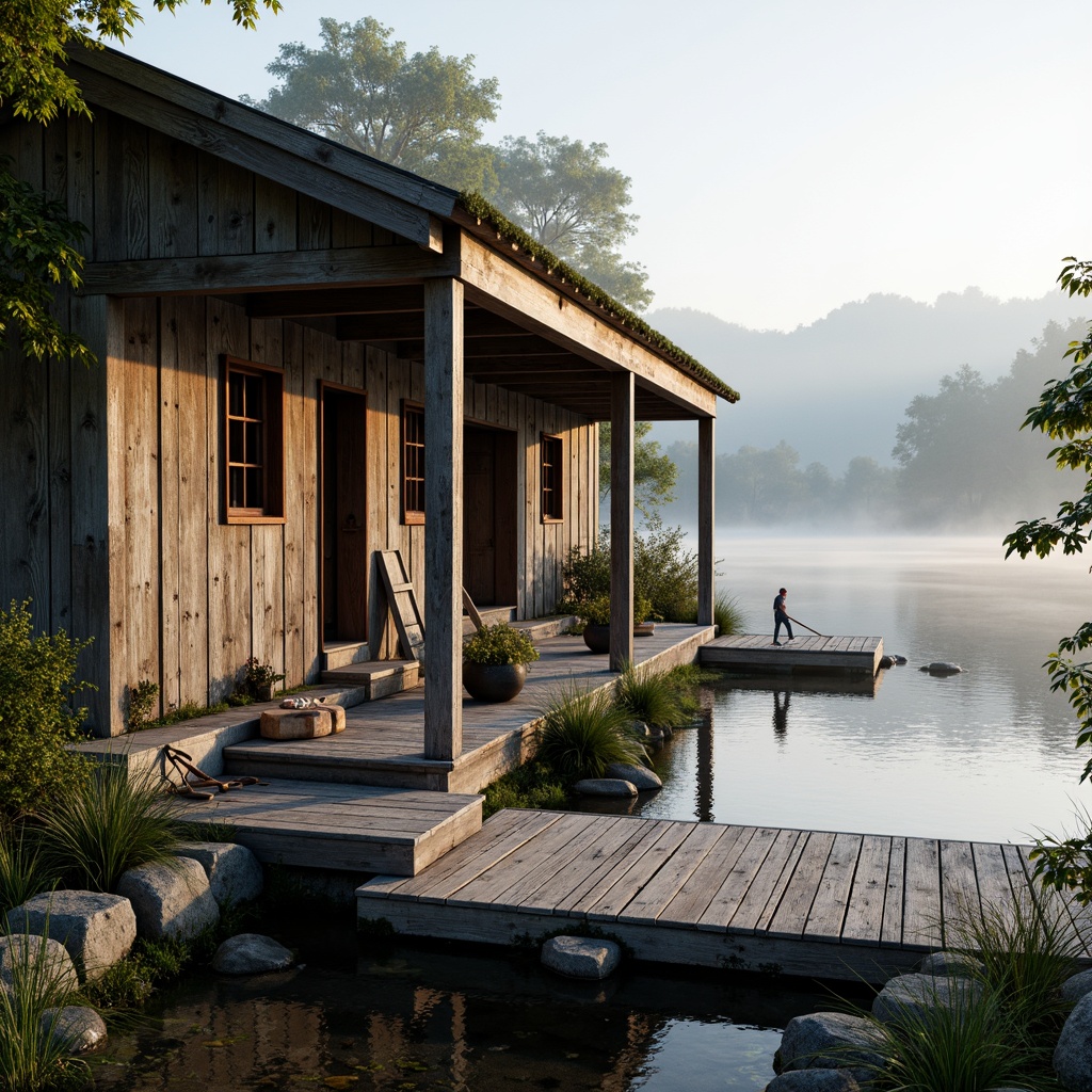 Prompt: Rustic wooden boathouse, weathered planks, distressed finishes, natural stone foundations, moss-covered roofs, overhanging eaves, wooden docks, nautical ropes, vintage anchors, aquatic plants, serene lake views, misty morning atmosphere, soft warm lighting, shallow depth of field, 1/1 composition, realistic textures, ambient occlusion.