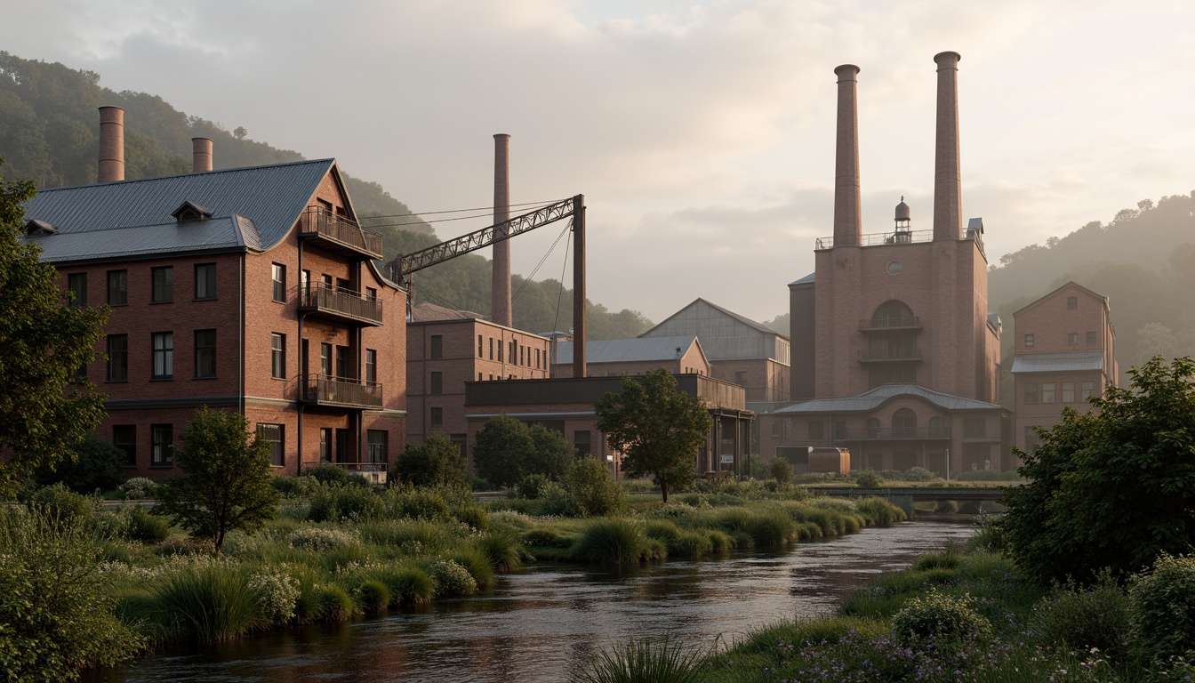 Prompt: Industrial factory complex, rustic brick buildings, corrugated metal roofs, worn concrete walls, vintage machinery, abandoned chimneys, overgrown vegetation, wildflowers, meandering streams, misty atmosphere, soft warm lighting, shallow depth of field, 3/4 composition, panoramic view, realistic textures, ambient occlusion, regionalism-inspired architecture, modern industrial design, functional spaces, exposed ductwork, metal catwalks, reclaimed wood accents, earthy color palette, natural stone pathways, weathered steel bridges.