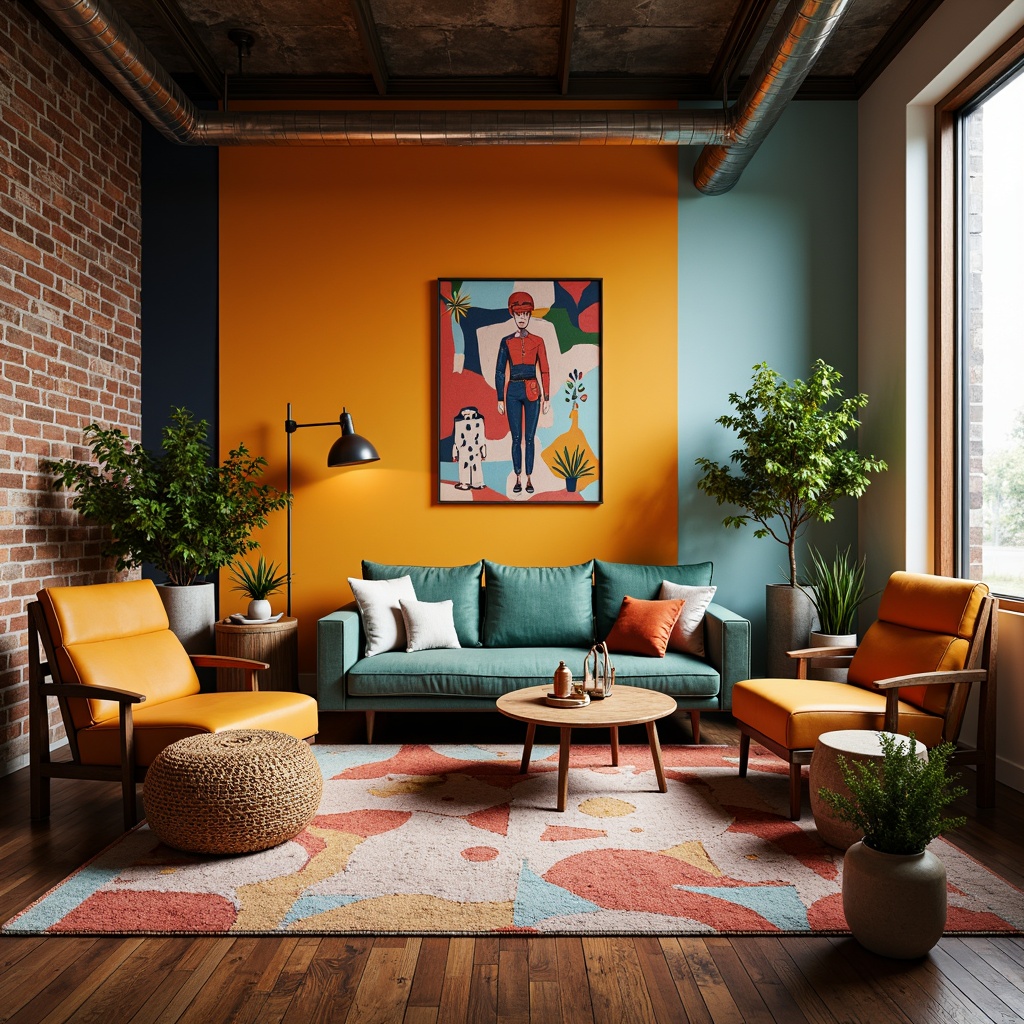 Prompt: Vibrant artistic studio, eclectic furniture, bold color blocking, contrasting textures, abstract artwork, statement lighting fixtures, industrial metal accents, reclaimed wood floors, bohemian-inspired rugs, natural fiber textiles, earthy tone ceramics, warm golden lighting, shallow depth of field, 1/1 composition, realistic renderings, ambient occlusion.