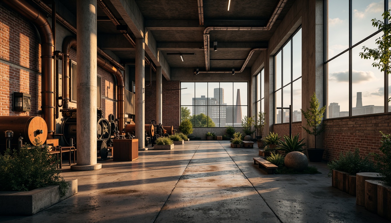 Prompt: Industrial factory setting, exposed brick walls, metal beams, worn wooden floors, distressed concrete textures, vintage machinery, rusty pipes, urban cityscape, cloudy grey skies, warm golden lighting, shallow depth of field, 1/2 composition, realistic render, ambient occlusion, muted color palette, earthy tones, weathered steel blues, faded reds, industrial greens, creamy whites, worn leather accents, metallic sheens.