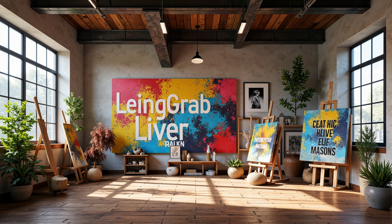 Prompt: Vibrant modern art studio, eclectic color palette, bold brushstrokes, textured canvases, artistic easels, inspirational quotes, natural wood floors, industrial metal beams, oversized windows, soft warm lighting, 3/4 composition, shallow depth of field, realistic textures, ambient occlusion.