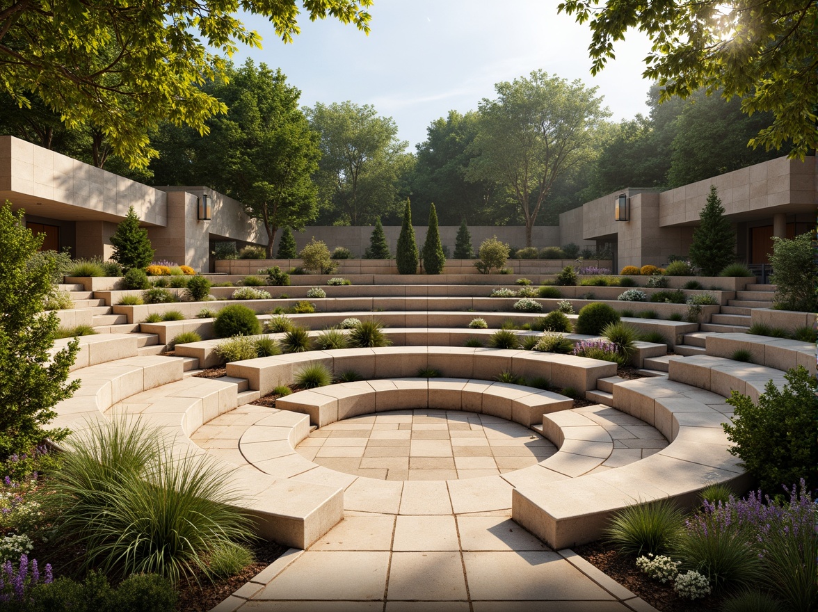 Prompt: Organic amphitheater, natural stone seating, lush greenery, curved lines, earthy tones, warm beige colors, rustic wooden accents, soft diffused lighting, dappled shade, afternoon sunbeams, gentle breeze, open-air atmosphere, panoramic views, 3/4 composition, shallow depth of field, realistic textures, ambient occlusion.