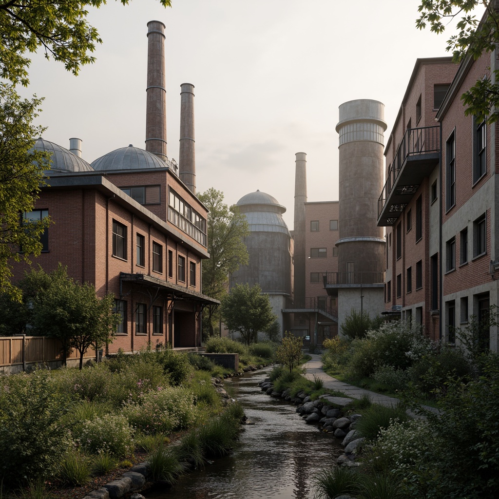 Prompt: Industrial factory complex, rustic brick buildings, corrugated metal roofs, worn concrete walls, vintage machinery, abandoned chimneys, overgrown vegetation, wildflowers, meandering streams, misty atmosphere, soft warm lighting, shallow depth of field, 3/4 composition, panoramic view, realistic textures, ambient occlusion, regionalism-inspired architecture, modern industrial design, functional spaces, exposed ductwork, metal catwalks, reclaimed wood accents, earthy color palette, natural stone pathways, weathered steel bridges.