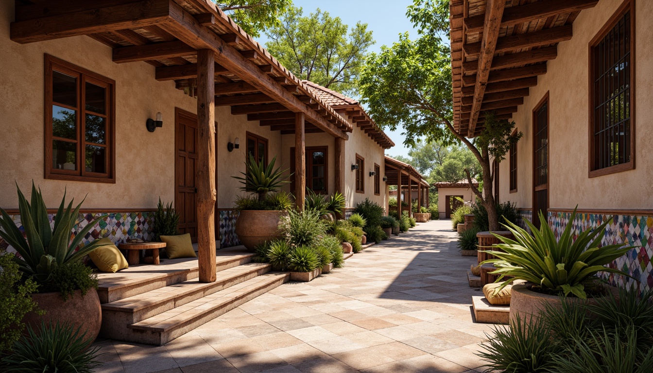 Prompt: Local cultural heritage, traditional building techniques, natural regional materials, earthy tones, rustic textures, wooden accents, stone walls, clay roofs, vibrant colorful tiles, ornate metalwork, intricate carvings, ambient warm lighting, soft shadows, 3/4 composition, realistic renderings, atmospheric perspective.