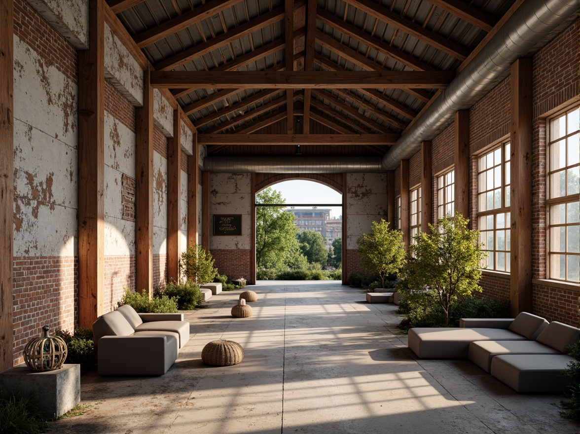 Prompt: Rustic industrial landscape, abandoned factories, worn brick walls, distressed metal roofs, reclaimed wood accents, earthy tones, natural textures, regional materials, local craftsmanship, exposed ductwork, concrete floors, steel beams, functional minimalism, industrial chic aesthetic, warm soft lighting, shallow depth of field, 1/1 composition, realistic renderings, ambient occlusion.