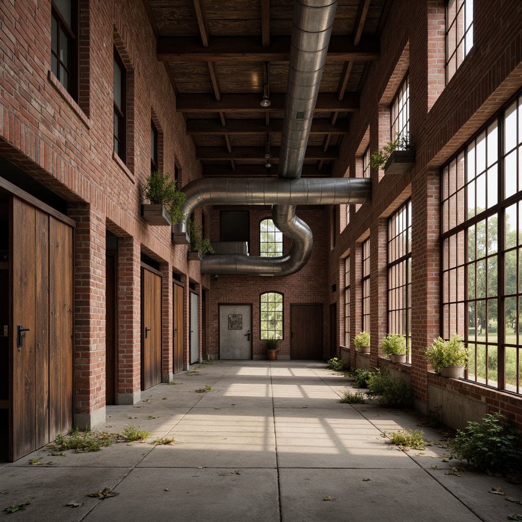 Prompt: Rustic industrial landscape, abandoned factories, worn brick walls, distressed metal roofs, reclaimed wood accents, earthy tones, natural textures, regional materials, local craftsmanship, exposed ductwork, concrete floors, steel beams, functional minimalism, industrial chic aesthetic, warm soft lighting, shallow depth of field, 1/1 composition, realistic renderings, ambient occlusion.