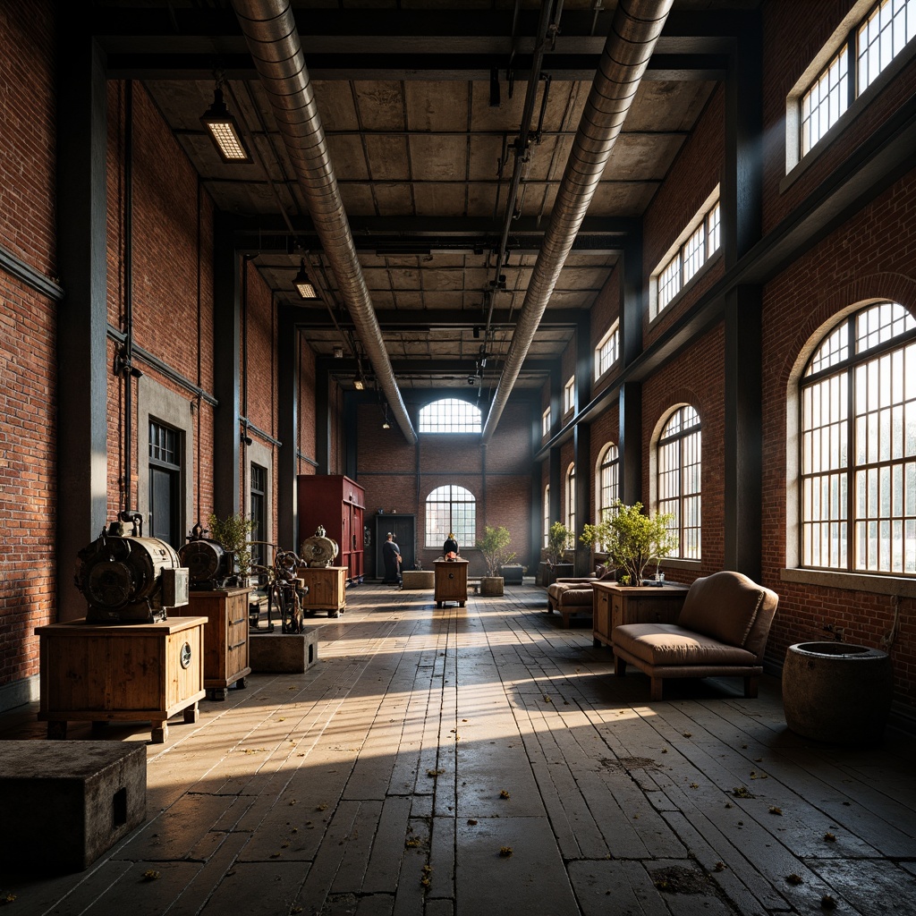 Prompt: Industrial factory setting, exposed brick walls, metal beams, worn wooden floors, vintage machinery, distressed textures, earthy tones, muted colors, rusty reds, weathered blues, faded yellows, industrial greys, urban atmosphere, gritty realism, high contrast lighting, dramatic shadows, cinematic composition, 1/2 camera angle, realistic renderings, ambient occlusion.