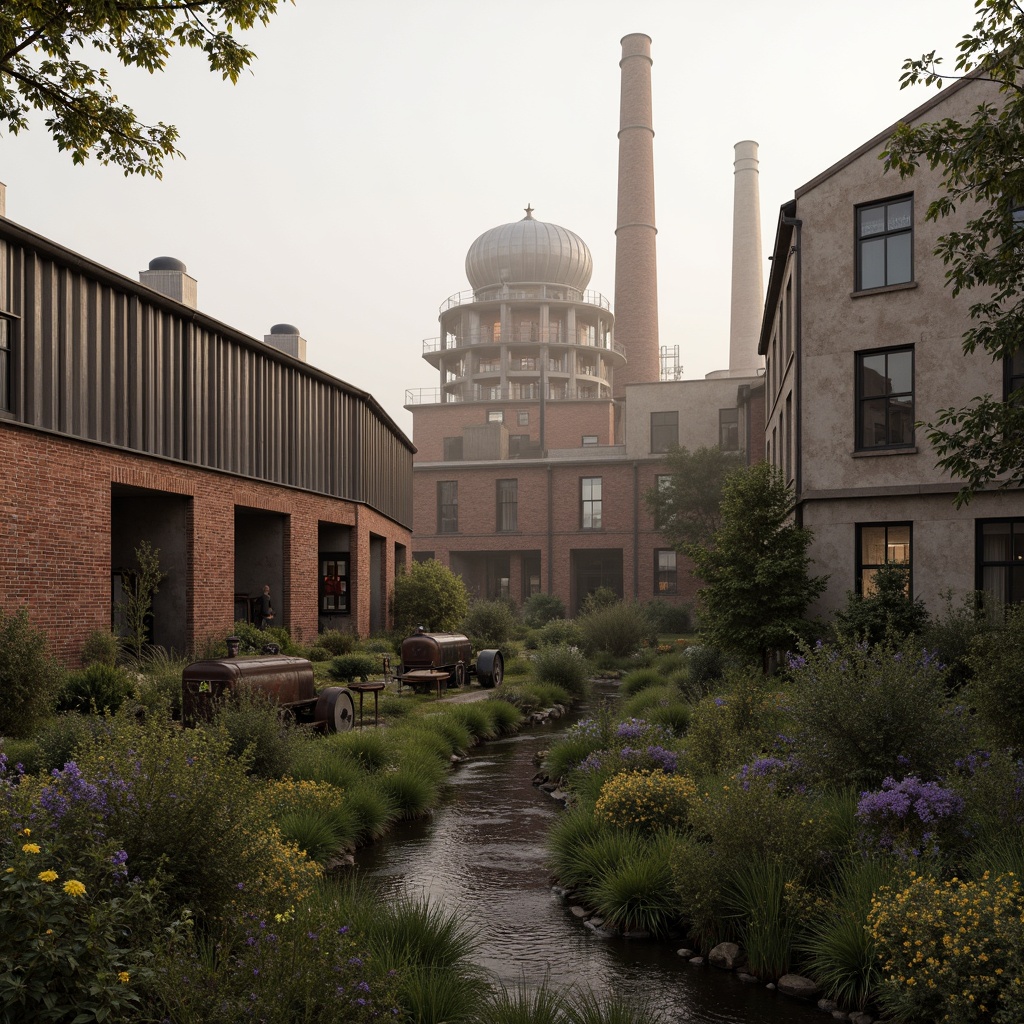 Prompt: Industrial factory complex, rustic brick buildings, corrugated metal roofs, worn concrete walls, vintage machinery, abandoned chimneys, overgrown vegetation, wildflowers, meandering streams, misty atmosphere, soft warm lighting, shallow depth of field, 3/4 composition, panoramic view, realistic textures, ambient occlusion, regionalist architectural style, functional simplicity, earthy color palette, distressed finishes, reclaimed wood accents, metal cladding, industrial heritage, nostalgic ambiance.