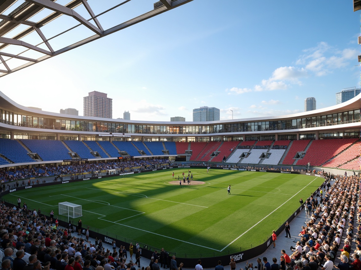 Prompt: Modern soccer stadium housing, sleek metal fa\u00e7ade, transparent glass walls, cantilevered roofs, vibrant team color accents, durable concrete floors, weather-resistant exterior cladding, energy-efficient LED lighting, spacious player lounges, state-of-the-art locker rooms, advanced athletic training facilities, panoramic views of the pitch, dynamic crowd seating areas, urban cityscape backdrop, clear blue sky, warm sunny day, shallow depth of field, 3/4 composition, realistic textures, ambient occlusion.