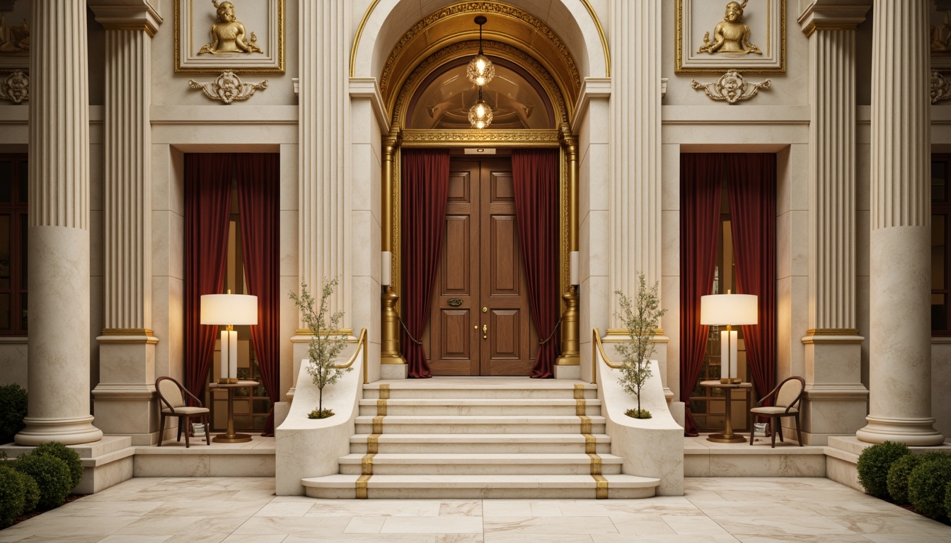 Prompt: Elegant neoclassical facade, creamy white marble columns, ornate golden details, soft beige stone walls, rich brown wooden doors, subtle cream-colored arches, grandiose entrance halls, sweeping staircases, intricate moldings, luxurious velvet drapes, warm candlelight, dramatic chiaroscuro, 1/2 composition, symmetrical framing, realistic textures, ambient occlusion.