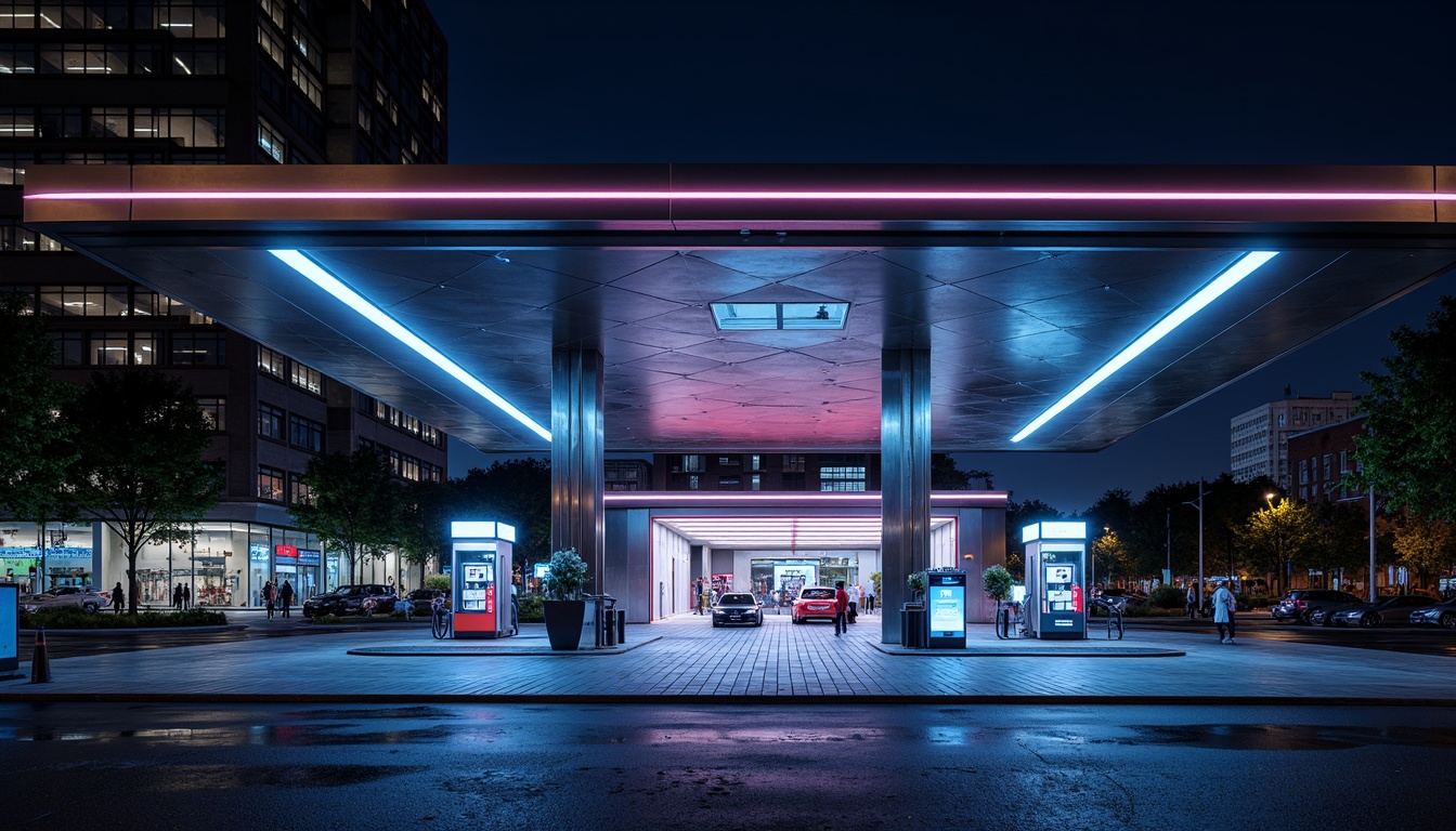 Prompt: Futuristic gas station, sleek metal canopy, neon LED lights, dynamic color-changing effects, modern minimalist architecture, angular lines, reflective glass surfaces, high-gloss finishes, stainless steel accents, futuristic fuel pumps, digital display screens, electronic payment systems, urban cityscape, night scene, dramatic shadows, high-contrast lighting, 1/1 composition, shallow depth of field, realistic textures, ambient occlusion.