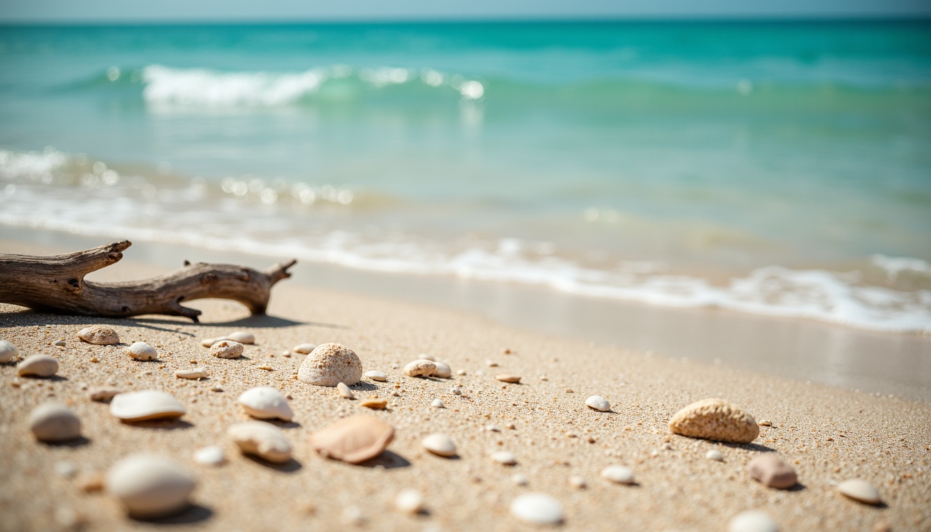 Prompt: Warm sandy shores, crystal-clear turquoise waters, seashell fragments, driftwood textures, ocean breeze, sunny day, soft warm lighting, shallow depth of field, 3/4 composition, panoramic view, realistic textures, ambient occlusion, calming color palette, soothing blues and whites, natural earthy tones, weathered wood accents, sea-salt air, gentle wave movements, beachy vibes.