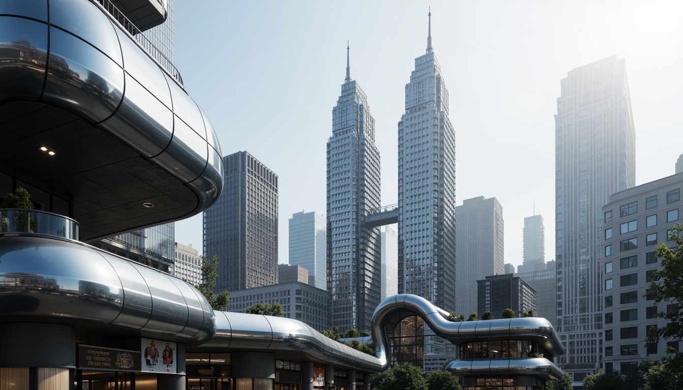 Prompt: Sleek curvilinear buildings, streamlined modern architecture, Art Deco influences, metallic materials, polished chrome accents, rounded edges, smooth curves, dynamic shapes, futuristic vibes, urban cityscape, morning fog, soft diffused lighting, shallow depth of field, 1/1 composition, symmetrical framing, high-contrast textures, ambient occlusion.