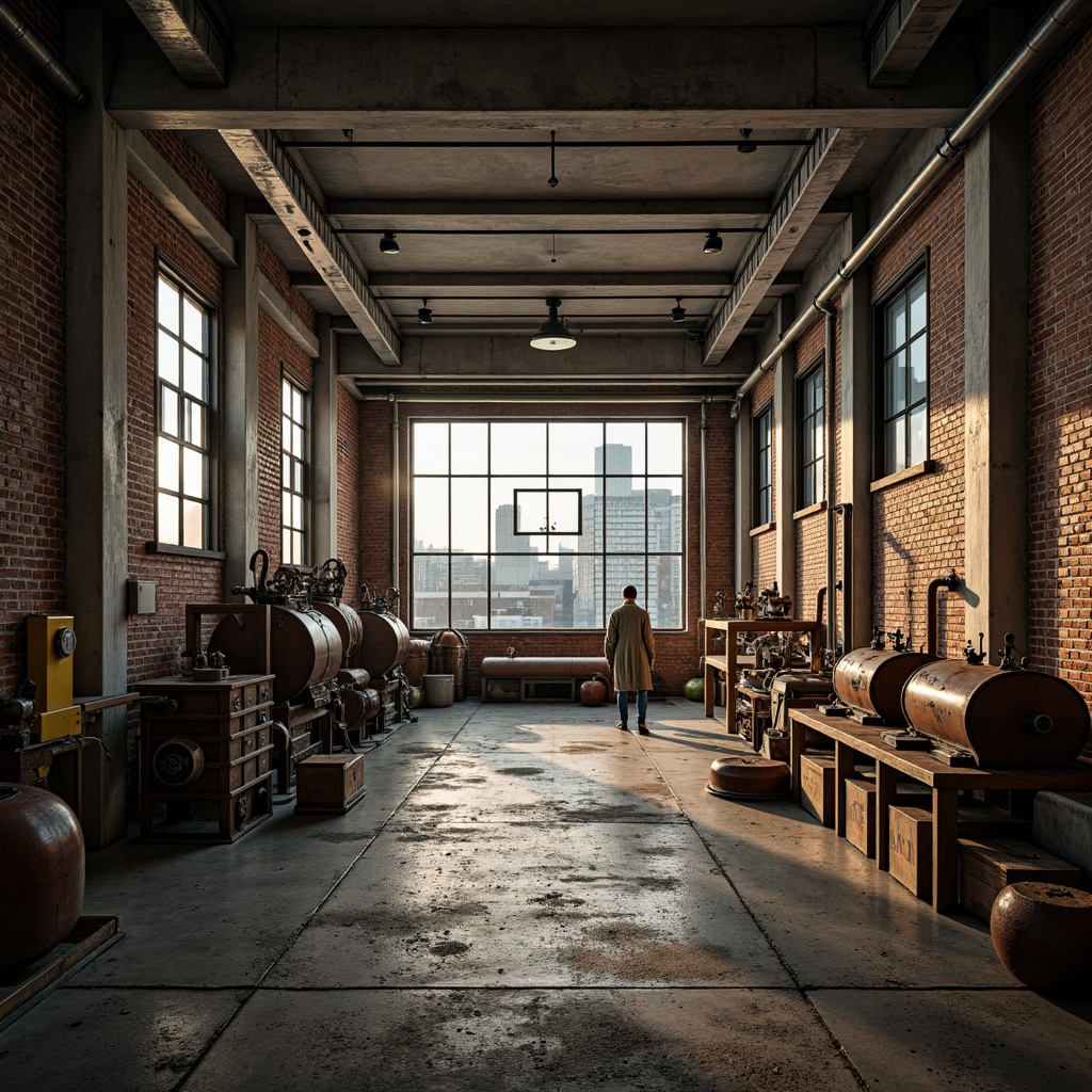 Prompt: Industrial factory setting, exposed brick walls, metal beams, worn wooden floors, distressed concrete textures, vintage machinery, rusty pipes, urban cityscape, cloudy grey skies, warm golden lighting, shallow depth of field, 1/2 composition, realistic materials, ambient occlusion, muted color palette, earthy tones, weathered steel blues, faded reds, industrial greens, creamy whites, rich browns.