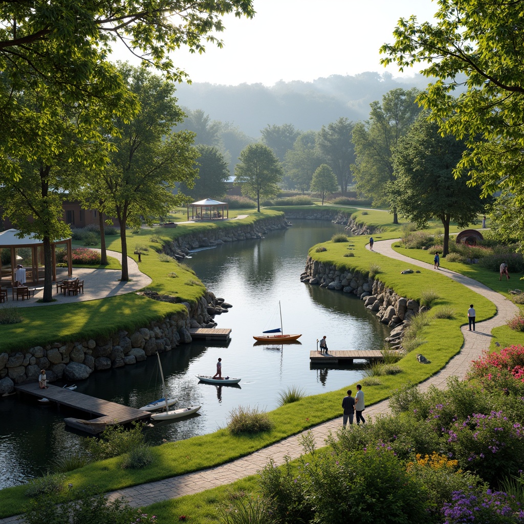 Prompt: Riverbank landscape, lush green vegetation, serene water flow, natural stone walls, wooden docks, sailboats, kayaks, paddleboards, scenic walking paths, benches, picnic areas, vibrant flowers, blooming trees, sunny day, soft warm lighting, shallow depth of field, 3/4 composition, panoramic view, realistic textures, ambient occlusion, gentle river breeze, misty atmosphere, rustic wooden bridges, meandering river streams, tranquil water reflections.