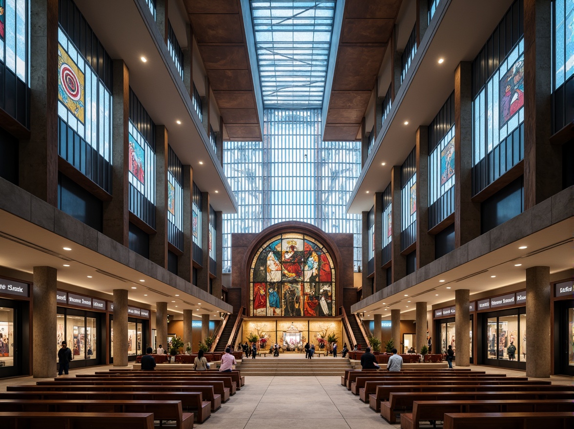 Prompt: Geometric church, abstract stained glass windows, bold concrete columns, cantilevered roofs, asymmetrical facades, dynamic steel beams, minimalist ornamentation, sacred symbols, vibrant murals, intricate mosaics, grandiose arches, dramatic lighting effects, high-contrast shadows, 1/2 composition, low-angle shot, cinematic atmosphere, realistic textures, ambient occlusion.