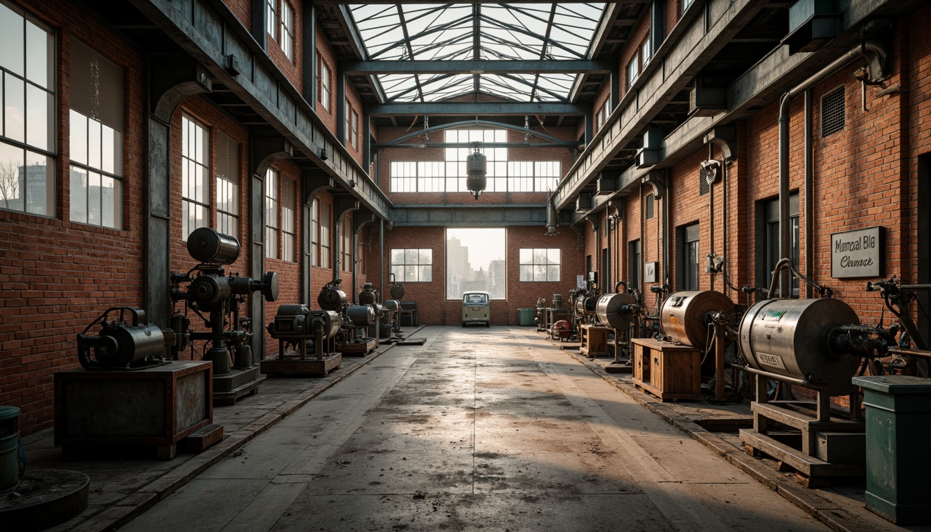 Prompt: Industrial factory setting, exposed brick walls, metal beams, worn wooden floors, distressed concrete textures, vintage machinery, rusty pipes, urban cityscape, cloudy grey skies, warm golden lighting, shallow depth of field, 1/2 composition, realistic materials, ambient occlusion, muted color palette, earthy tones, weathered steel blues, faded reds, industrial greens, creamy whites, rich browns.