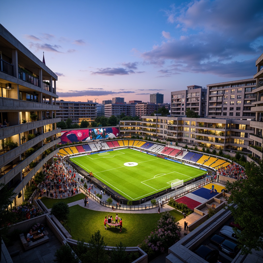 Prompt: Vibrant soccer stadium, energetic atmosphere, bold team colors, dynamic lighting, modern social housing, sleek architecture, urban landscape, concrete structures, steel beams, green roofs, communal spaces, outdoor recreational areas, children's playgrounds, community gardens, bright color accents, geometric patterns, abstract murals, urban graffiti, warm evening ambiance, softbox lighting, shallow depth of field, 1/2 composition, realistic textures, ambient occlusion.