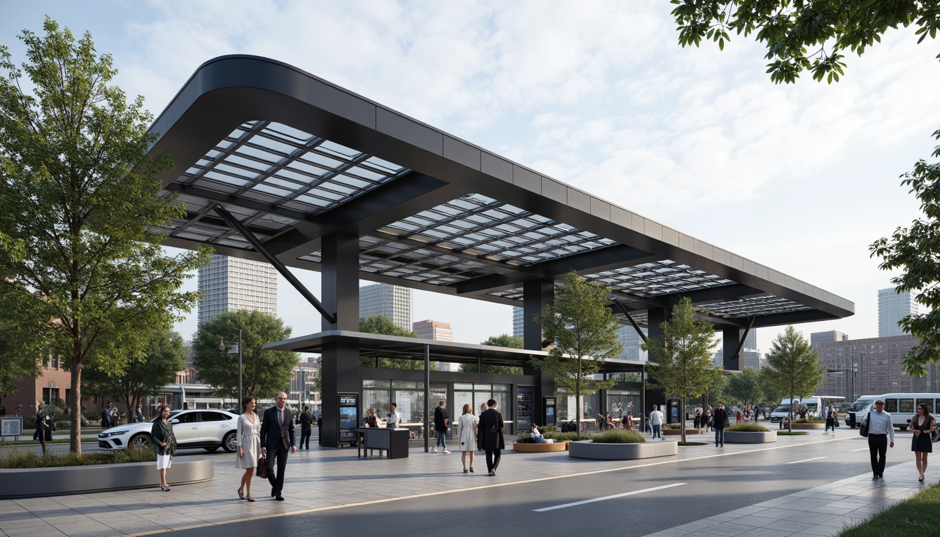 Prompt: Curved bus station canopy, sleek metal framework, transparent glass roofs, modern minimalist architecture, efficient passenger flow, streamlined waiting areas, comfortable seating, real-time information displays, intuitive wayfinding systems, urban cityscape, morning commute, soft natural lighting, shallow depth of field, 1/1 composition, realistic reflections, ambient occlusion.