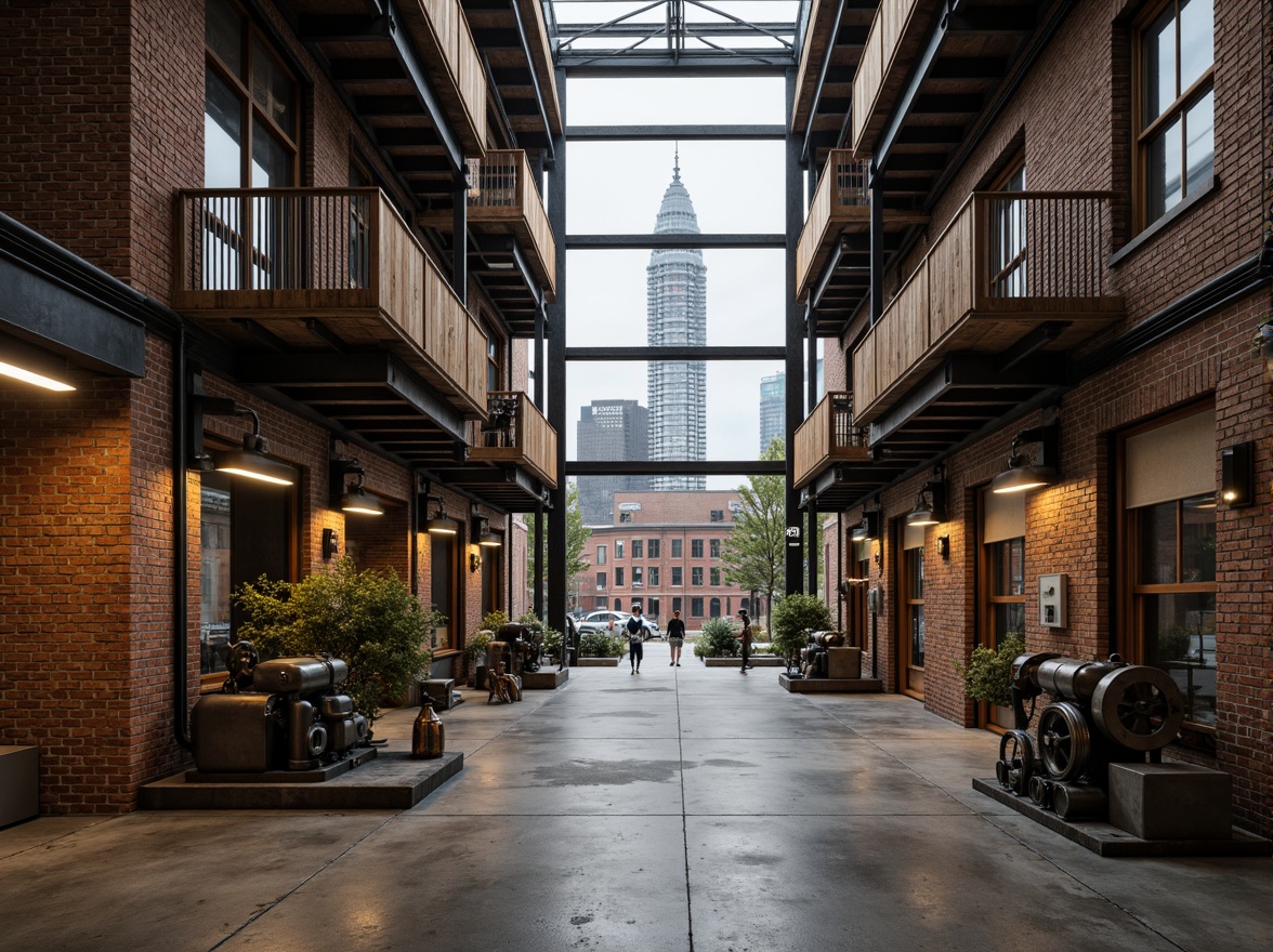 Prompt: Rustic industrial warehouse, exposed brick walls, metal beams, reclaimed wood accents, distressed concrete floors, vintage machinery, functional pipes, urban cityscape, cloudy grey sky, soft natural lighting, shallow depth of field, 1/1 composition, realistic textures, ambient occlusion, weathered steel surfaces, rough-hewn stone walls, industrial-style lighting fixtures, metallic color palette, utilitarian design aesthetic.