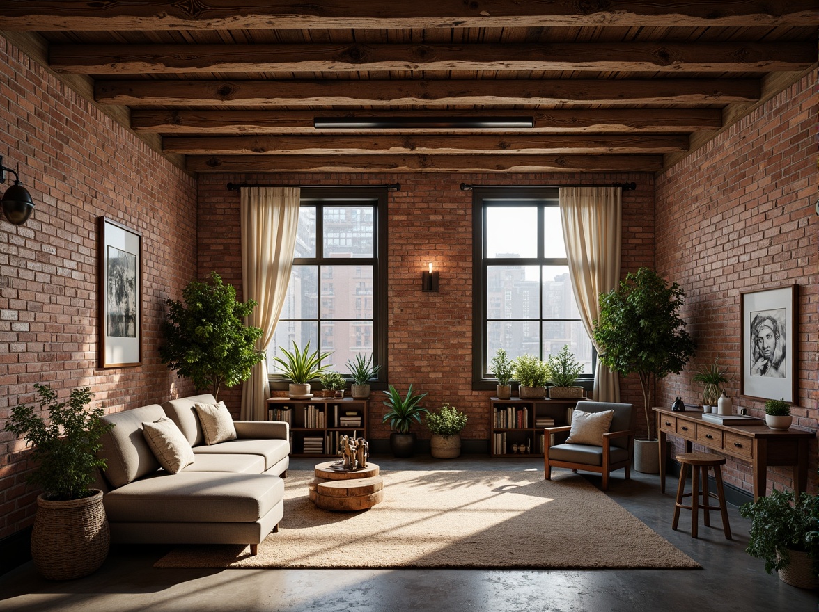 Prompt: Rustic urban loft, exposed brick walls, distressed wooden beams, industrial chic decor, vintage furniture, earthy color palette, natural textures, rough-hewn stone floors, metal accents, reclaimed wood shelves, cozy reading nooks, warm ambient lighting, shallow depth of field, 1/1 composition, realistic renderings, atmospheric perspective.