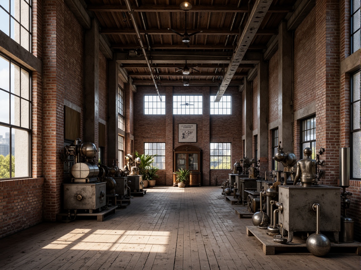 Prompt: Industrial factory setting, exposed brick walls, metal beams, worn wooden floors, vintage machinery, distressed textures, earthy tones, muted colors, rusty reds, weathered blues, faded yellows, industrial greys, urban atmosphere, gritty realism, high contrast lighting, dramatic shadows, cinematic composition, 1/2 camera angle, realistic renderings, ambient occlusion.