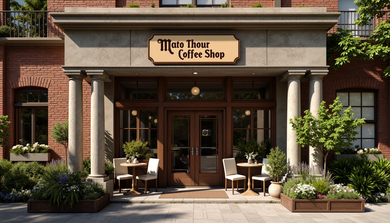 Prompt: Rustic coffee shop facade, academic architectural style, brick walls, stone columns, ornate details, wooden doors, vintage signage, cozy atmosphere, warm lighting, earthy tones, natural materials, greenery surroundings, blooming flowers, sunny day, soft focus, shallow depth of field, 1/1 composition, realistic textures, ambient occlusion.