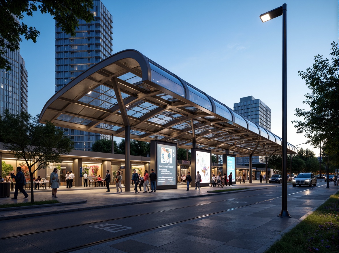 Prompt: Futuristic tram station, curved canopy structure, sleek metal framework, translucent glass roofing, vibrant LED lighting, urban cityscape, bustling streets, modern transportation hub, efficient passenger flow, comfortable waiting areas, real-time information displays, sustainable energy harvesting systems, green roofs, eco-friendly materials, innovative ventilation technologies, shaded outdoor spaces, misting systems, dynamic angular lines, minimalist design, panoramic views, realistic textures, ambient occlusion.