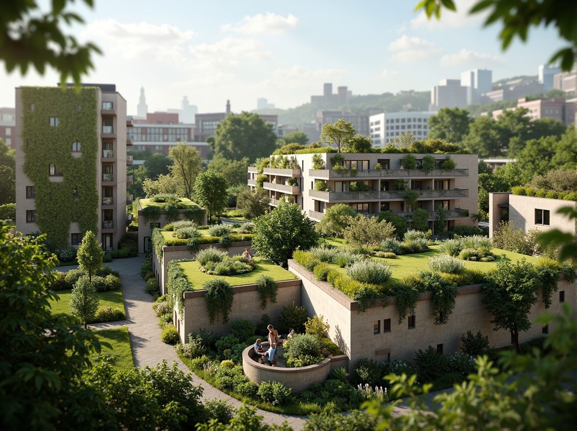 Prompt: Eco-friendly buildings, lush green roofs, vertical gardens, solar panels, wind turbines, rainwater harvesting systems, natural ventilation, recycled materials, low-carbon footprint, energy-efficient appliances, organic textures, earthy color palette, serene atmosphere, soft natural lighting, shallow depth of field, 3/4 composition, panoramic view, realistic renderings, ambient occlusion.