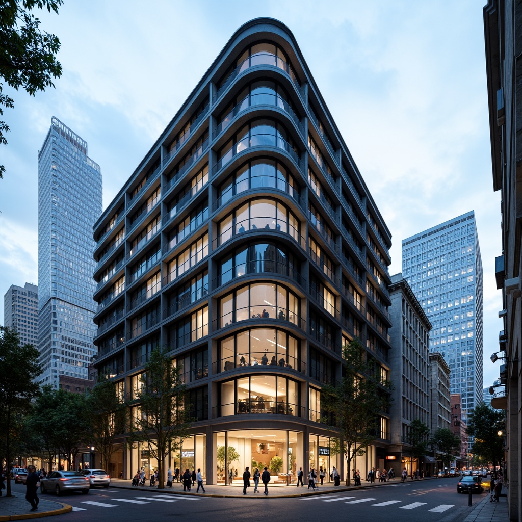 Prompt: Curved building facade, metallic materials, polished chrome accents, horizontal lines, rounded corners, minimalist ornamentation, large glass windows, sliding doors, cantilevered balconies, urban cityscape, busy streets, modern skyscrapers, cloudy blue sky, soft natural light, shallow depth of field, 2/3 composition, symmetrical framing, high-contrast lighting, detailed textures, ambient occlusion.