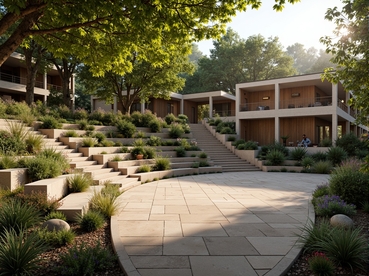 Prompt: Organic amphitheater, natural stone seating, lush greenery, curved lines, earthy tones, warm beige colors, rustic wooden accents, soft diffused lighting, dappled shade, afternoon sunbeams, gentle breeze, open-air atmosphere, panoramic views, 3/4 composition, shallow depth of field, realistic textures, ambient occlusion.