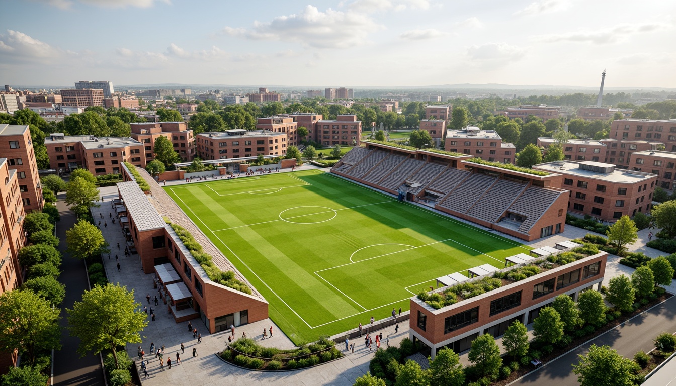 Prompt: Eco-friendly soccer stadium, social housing complex, green roofs, solar panels, wind turbines, rainwater harvesting systems, recycled building materials, natural ventilation systems, energy-efficient lighting, community gardens, public art installations, vibrant street art, urban agriculture, mixed-income residential units, accessible pedestrian paths, bike lanes, electric vehicle charging stations, modern minimalist architecture, cantilevered structures, angular lines, open-air corridors, communal outdoor spaces, shaded seating areas, warm color schemes, soft natural lighting, 1/1 composition, realistic textures, ambient occlusion.