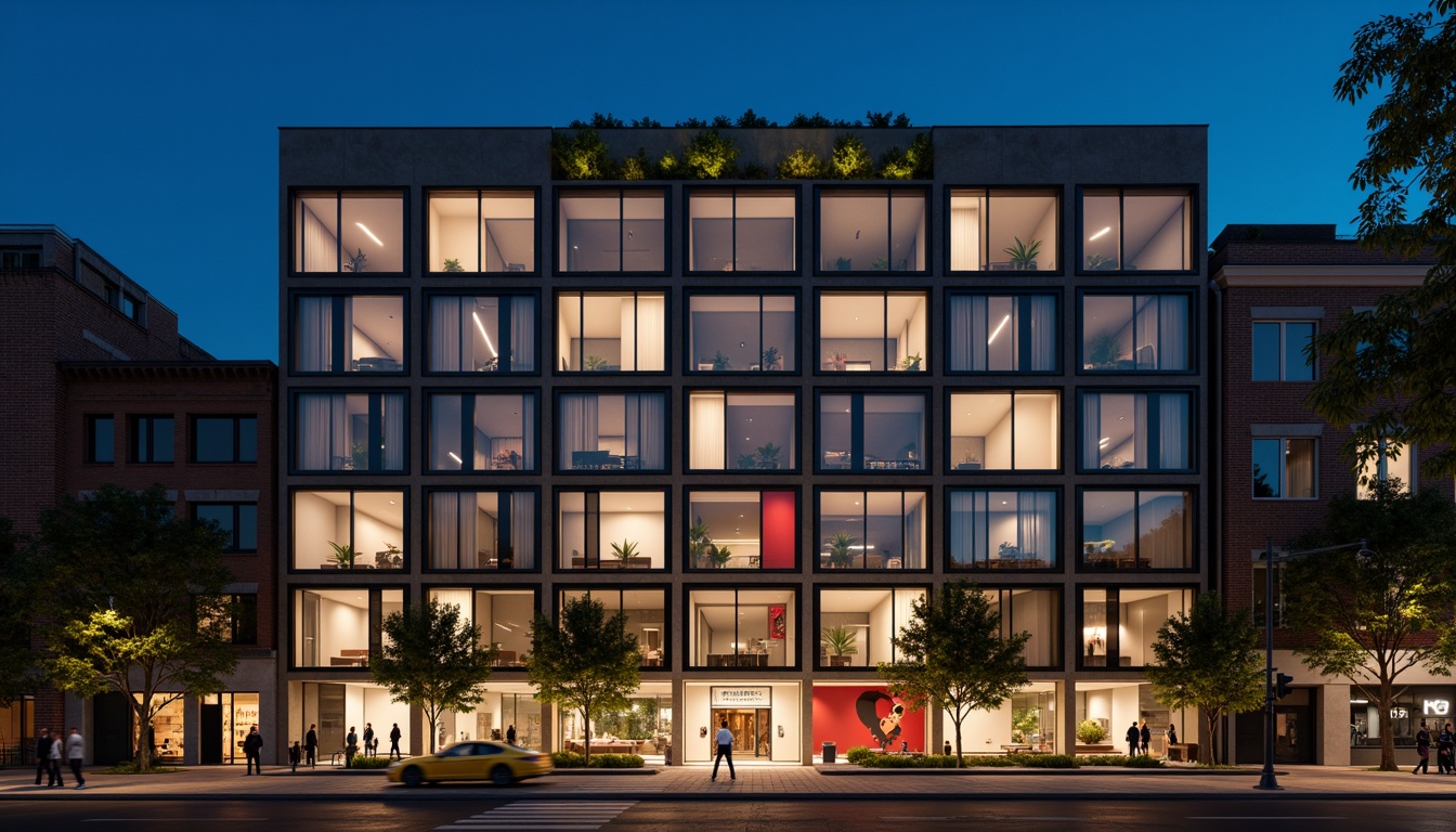 Prompt: Geometric hotel facade, asymmetrical composition, rectangular windows, industrial materials, raw concrete walls, steel beams, minimalist decor, functional simplicity, bold color accents, abstract artwork, urban cityscape, busy streets, modern streetlights, dramatic nighttime lighting, low-angle shot, 1/2 composition, high-contrast tone, cinematic atmosphere, brutalist architecture, clean lines, rectangular shapes, functional minimalism.