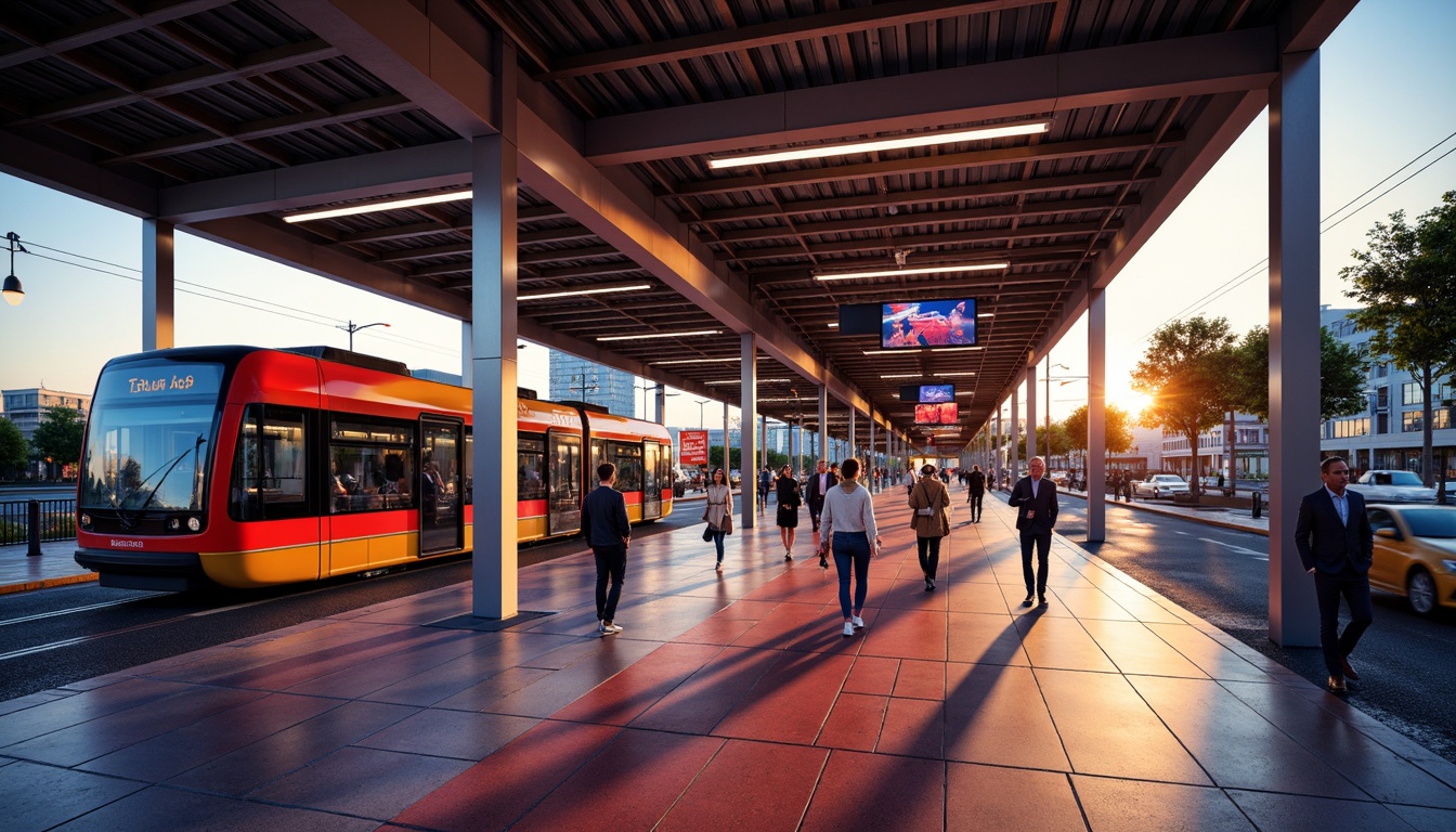 Prompt: Vibrant tram station, bold color schemes, contrasting hues, dynamic lighting effects, futuristic architecture, sleek metal beams, polished concrete floors, modern signage systems, electronic displays, urban cityscape views, rush hour atmosphere, warm golden lighting, shallow depth of field, 1/2 composition, realistic textures, ambient occlusion.